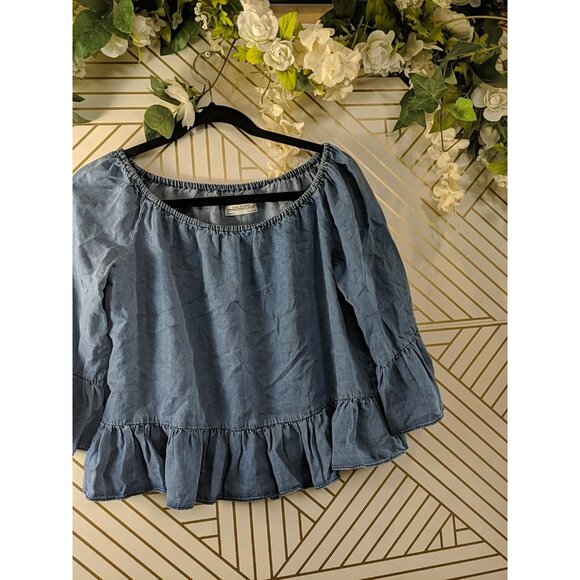 ZARA WOMAN DENIM COLLECTION Women's Chambray Ruffle Blouse Lyocell Size Small - Picture 2 of 7